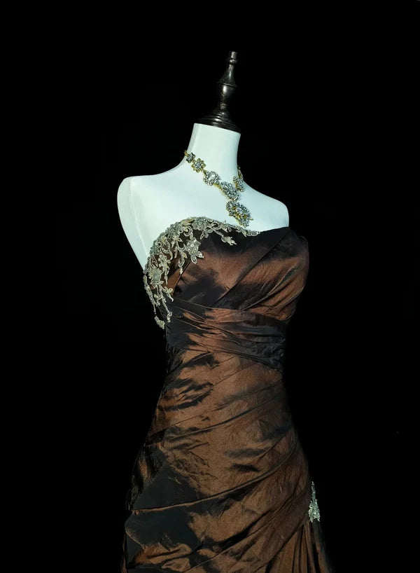 Brown & Black Gradient Satin One-shoulder Gown: Heavy Embroidery, Mermaid dress, High-end Evening Maxi Dress gh6587