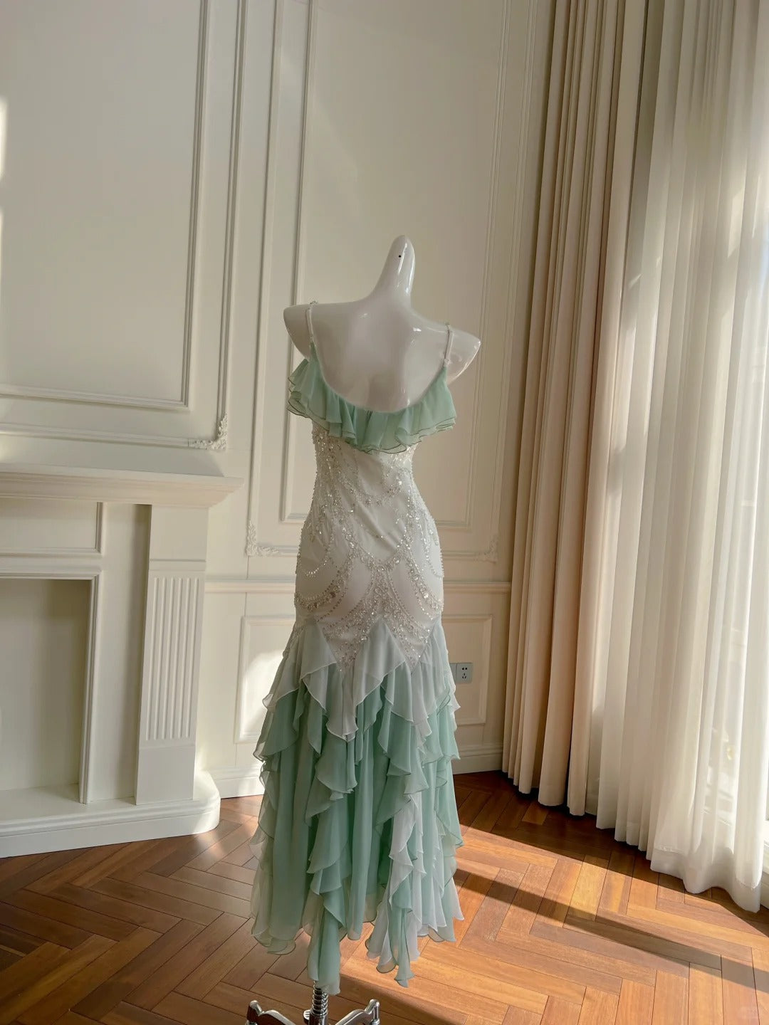 Robe de soirée longue en mousseline de soie vert menthe, ornée de perles, pour anniversaire, gh4407