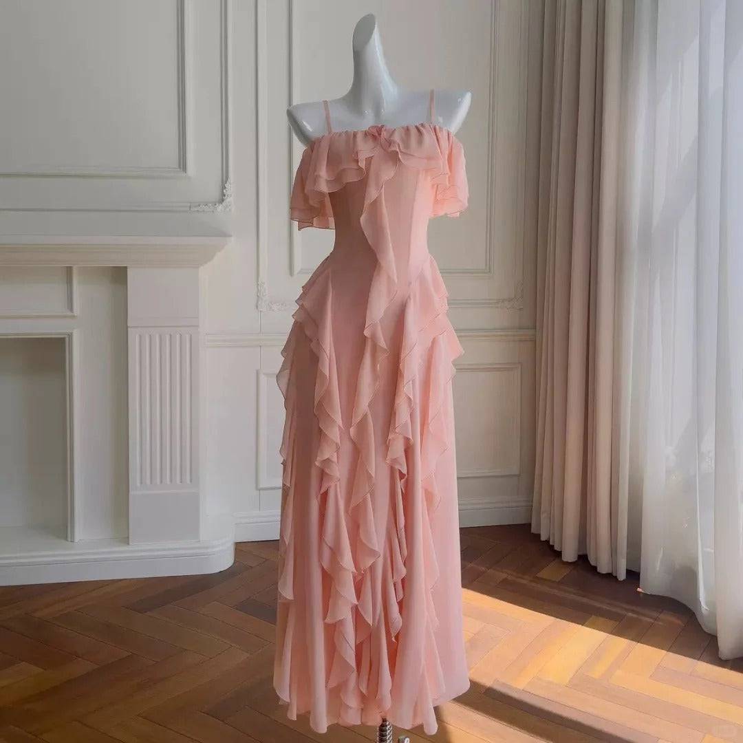 girlhomeshops – langes Chiffon-Ballkleid mit Blumenmuster in Mintgrün/Rosa, GH5580