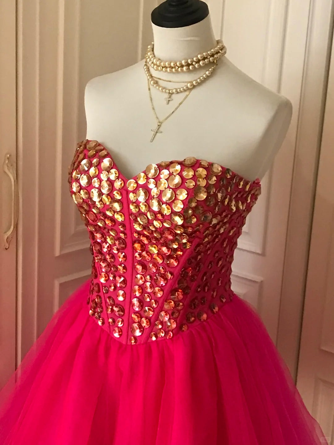 ❤️Pink retro noble princess short homecoming dress sequined tulle ball dress evening dress gh4392