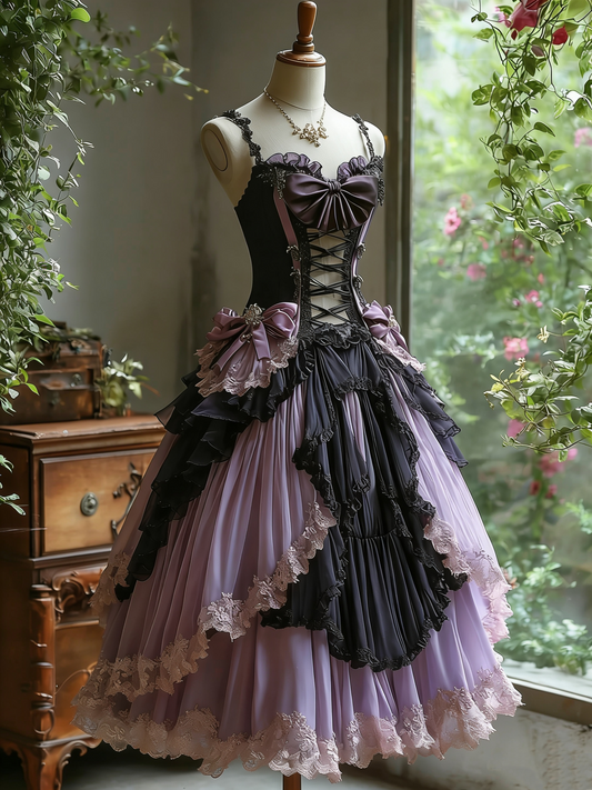 Dark Sweet Lolita Ballkleid mit schwarz-violetten Kontrastnähten und Schnürung - Teeparty- und Cosplay-Kleid gh6553