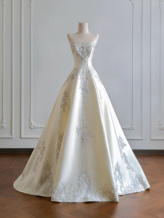 Girlhomeshops - Robe de mariée longue en satin blanc à perles exquises gh5482