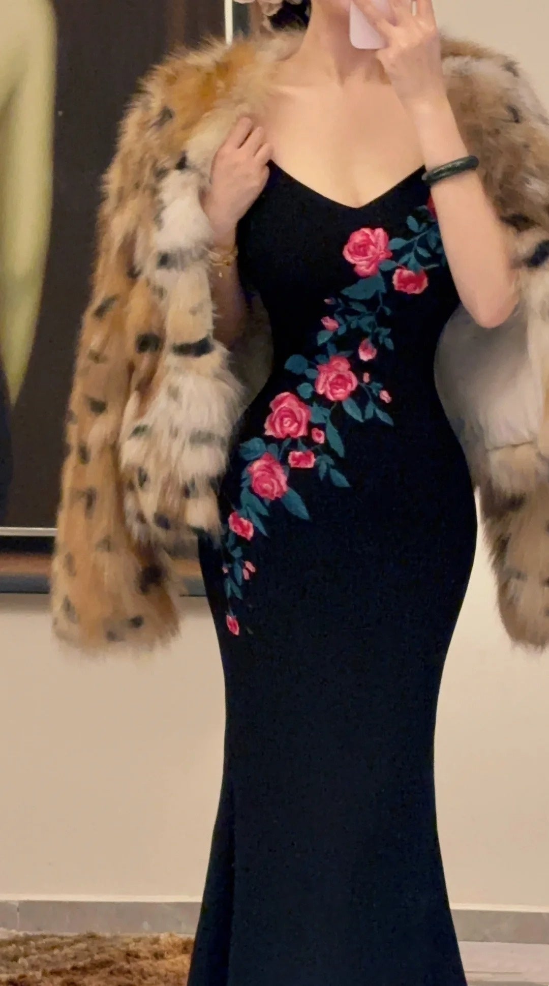 Vintage Luxury Style Mermaid Ankle-Length Black Pink Rose Embroidered Camisole Gown - Slim Elegant Dress for Dinner & Date gh6488