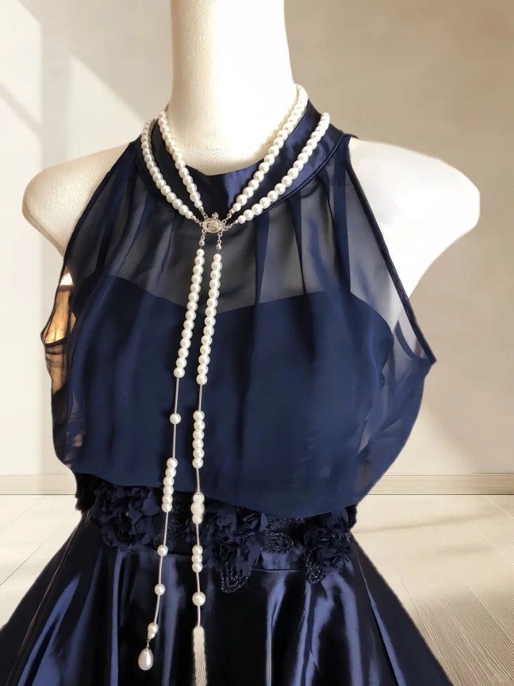 girlhomeshops--Navy blue satin retro halter neck elegant satin simple homecoming dress gh5699