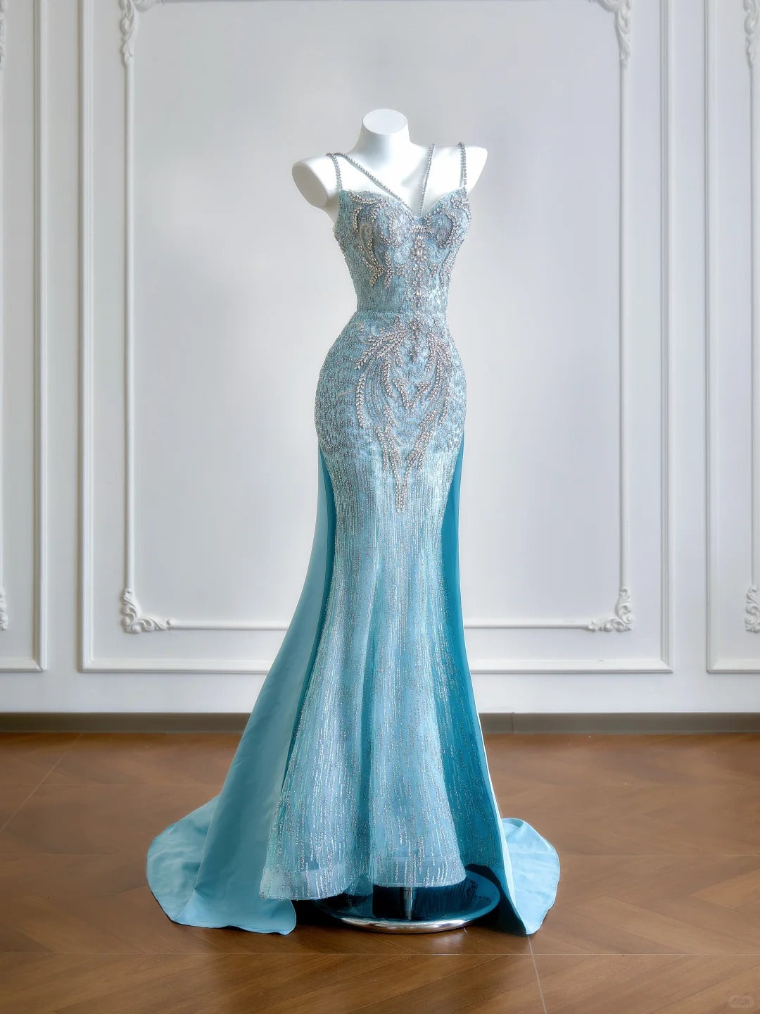 Girlhomeshops – Aquablaues Meerjungfrauenschwanz-Ballkleid mit exquisiter Perlenbesatz, lang und bodenlang, Tüll, gh5484