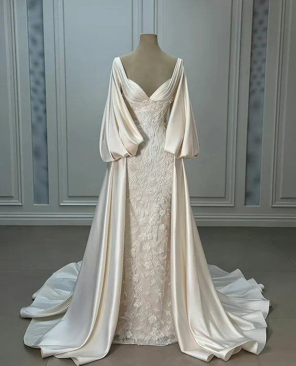 Girlhomeshops - Robe de mariée longue en satin blanc ivoire à manches longues, longueur au sol, robe de bal gh5390