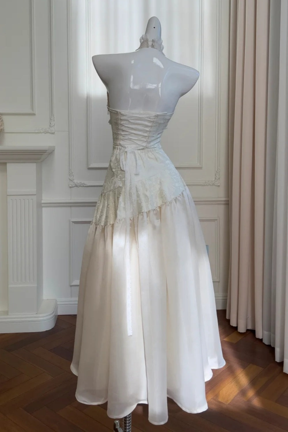 girlhomeshops-Vintage Lace Jacquard Halter Evening Dress, Long Sleeveless Elegant Party Gown gh5902