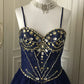 💙Dark blue shiny retro princess short homecoming dress beaded tulle ball gown evening dress gh4393