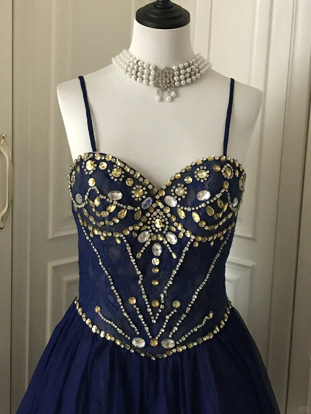 💙Dark blue shiny retro princess short homecoming dress beaded tulle ball gown evening dress gh4393
