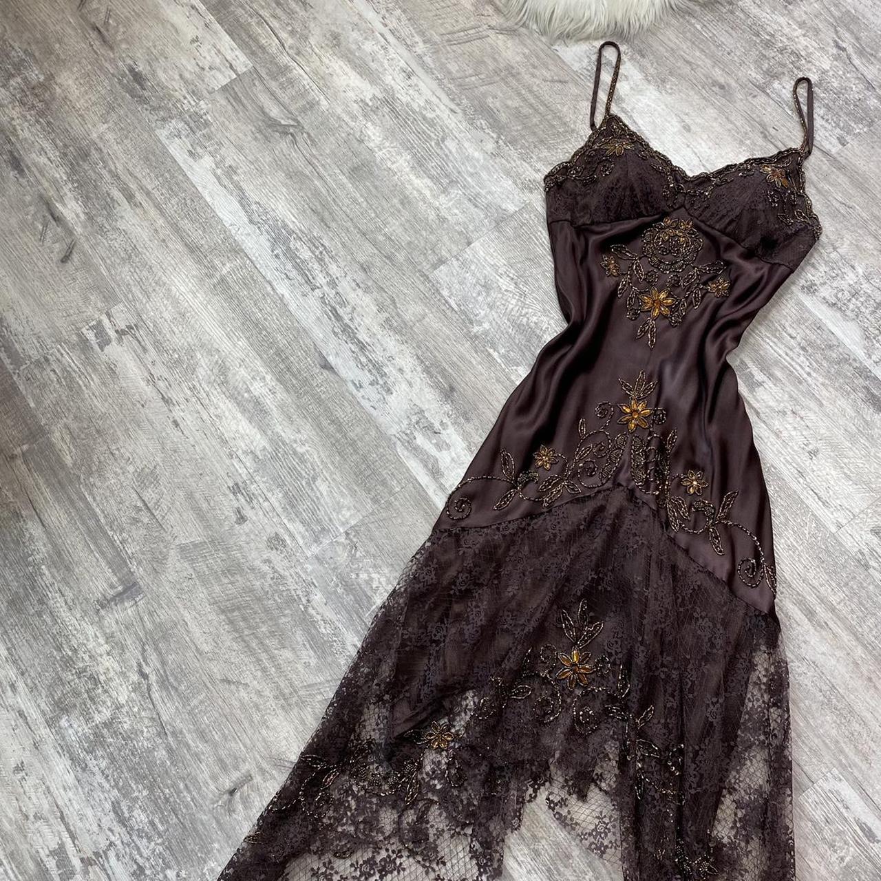 Brown Vintage Elegant Exquisite Floral Beading Spaghetti Strap Long Satin Lace Ball Gown Evening Dress Birthday Party Dress Prom Dress gh3831