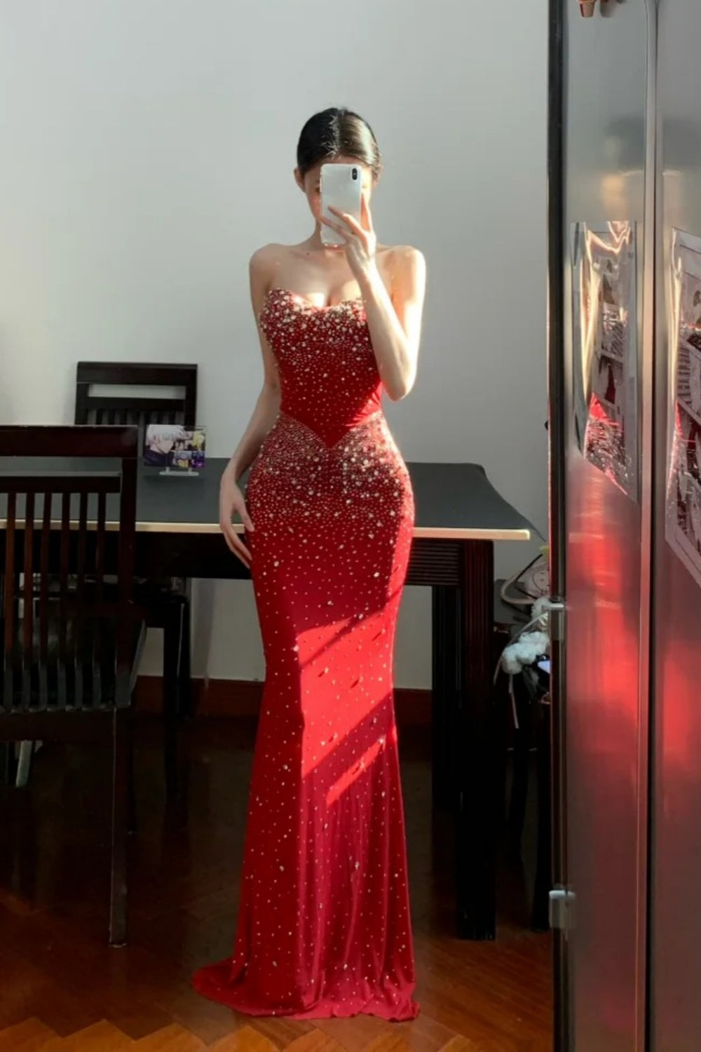Red long shiny pearl formal dress gh6642
