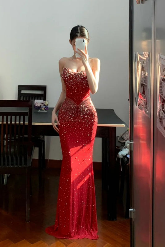 Red long shiny pearl formal dress gh6642