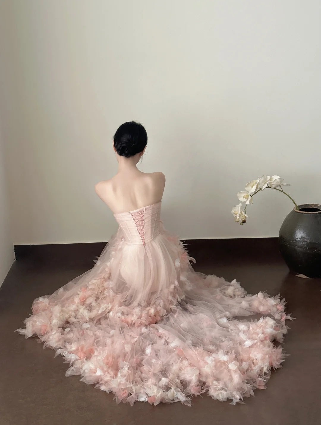 Pink Delicate Floral Long Chiffon Evening Gown Fairy Gown gh6759