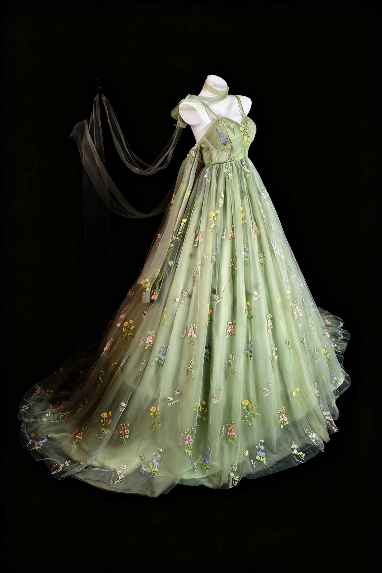 girlhomeshops-Green Delicate Floral Tulle Ball Gown gh6285