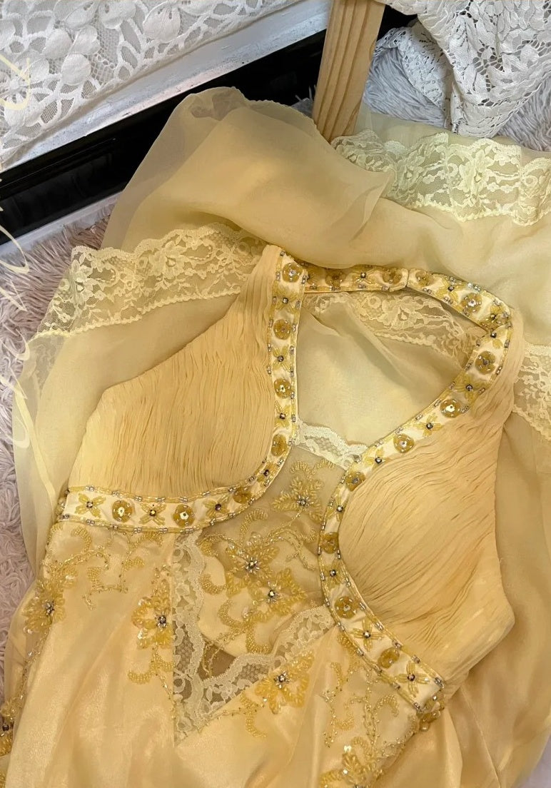 Robe de soirée longue en mousseline de soie, élégante et perlée, jaune, gh4467