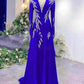 Royal Blue Shiny Long-Sleeve Beaded Train Gown gh6386