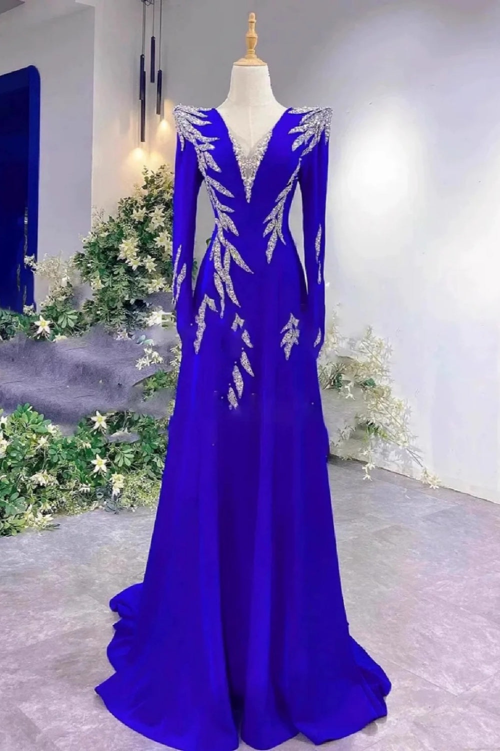 Royal Blue Shiny Long-Sleeve Beaded Train Gown gh6386