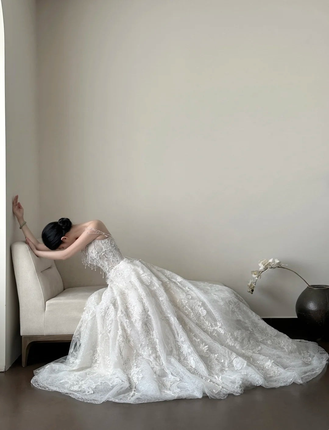 girlhomeshops- Vintage White Beaded Embroidery Strapless Long Train Court Style Wedding Gown gh6096