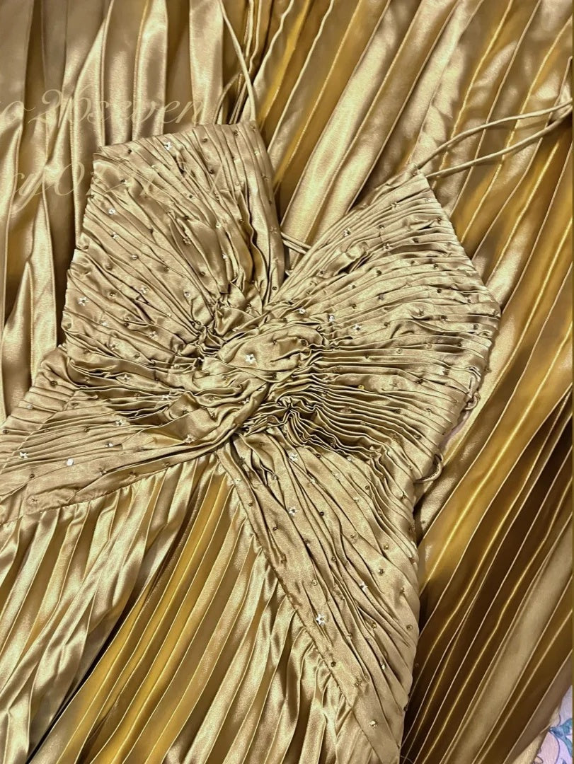 Robe de bal longue en satin ornée de perles en métal doré, robe de soirée, robe de remise de diplôme gh4507