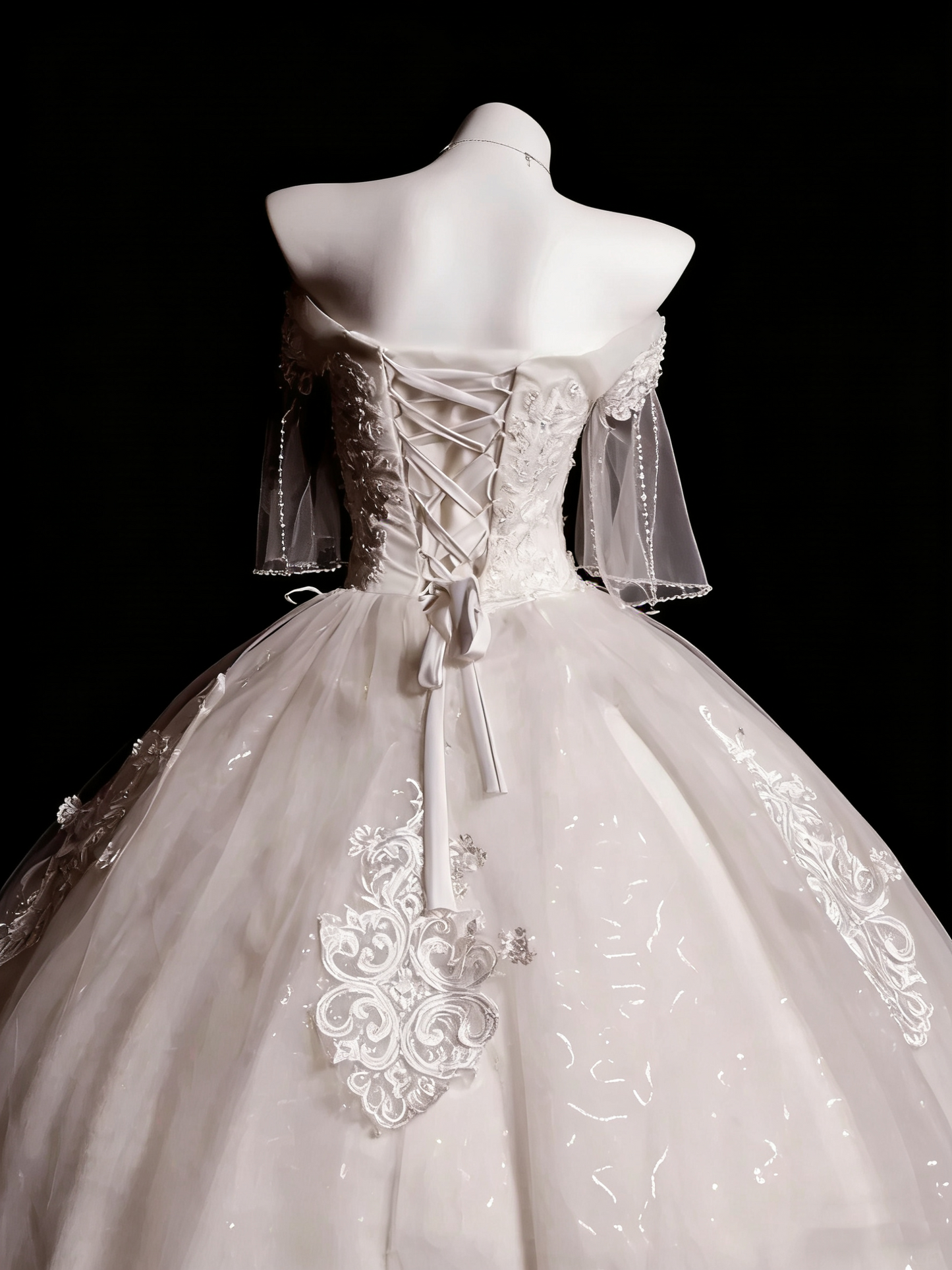 Luxury Court Style Satin & Tulle Floor-Length Ballgown Off-Shoulder Beaded Embroidery Train Wedding Dress - Ceremony Gown for Wedding & Engagement Banquet gh6494