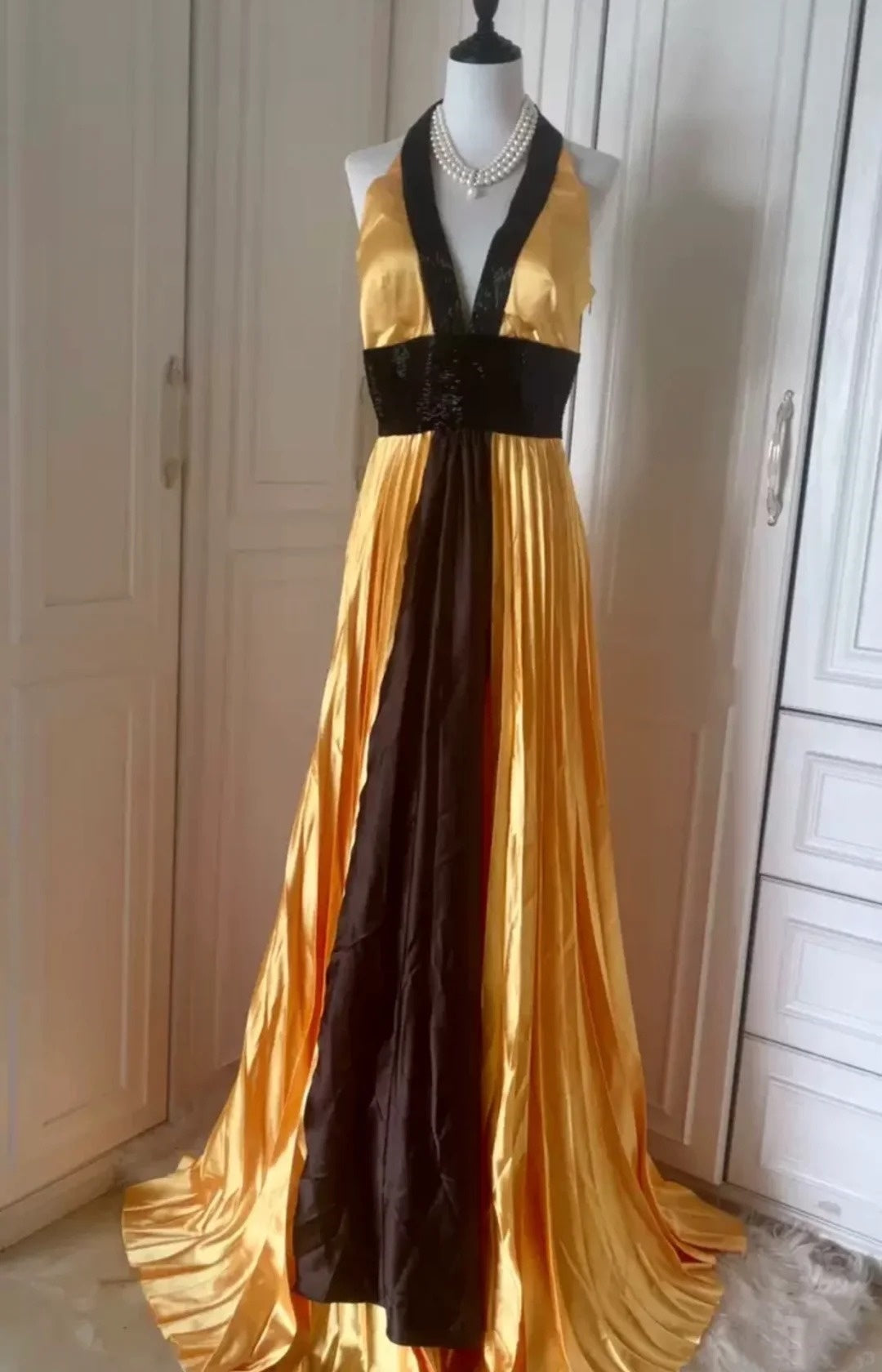Gelb Exquisite Perlen Lange Satin Mode Ballkleid Abendkleid Partykleid Ballkleid gh4267
