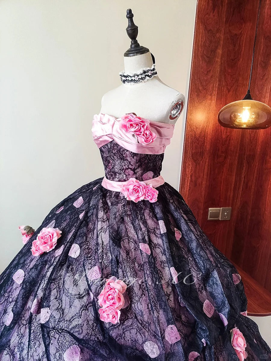 Girlhomeshops - Rosa Blumenspitze Tüll Bodenlanges Ballkleid gh5302