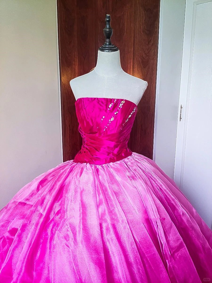 Girlhomeshops - Rosa, modisches, perlenbesetztes, langes, bodenlanges Tüll-Ballkleid, Ombre-Muster, gh5301