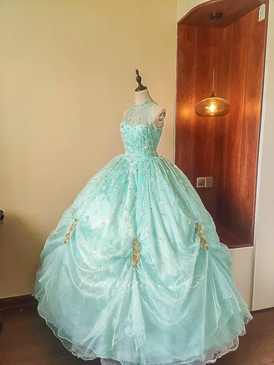 Girlhomeshops - Mintgrünes, glitzerndes, perlenbesetztes, florales, langes, bodenlanges Tüll-Ballkleid gh5300