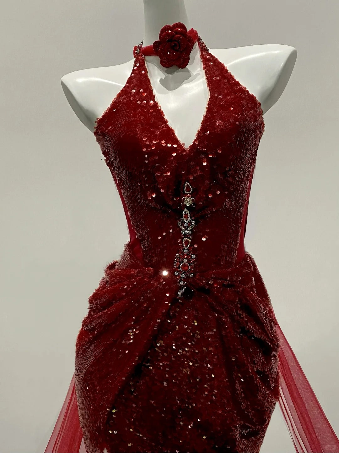 Ölgemälde Retro rot Fischschwanz feinen Glitzer Tüll Galaxie fließenden Ballkleid Abendkleid gh4327