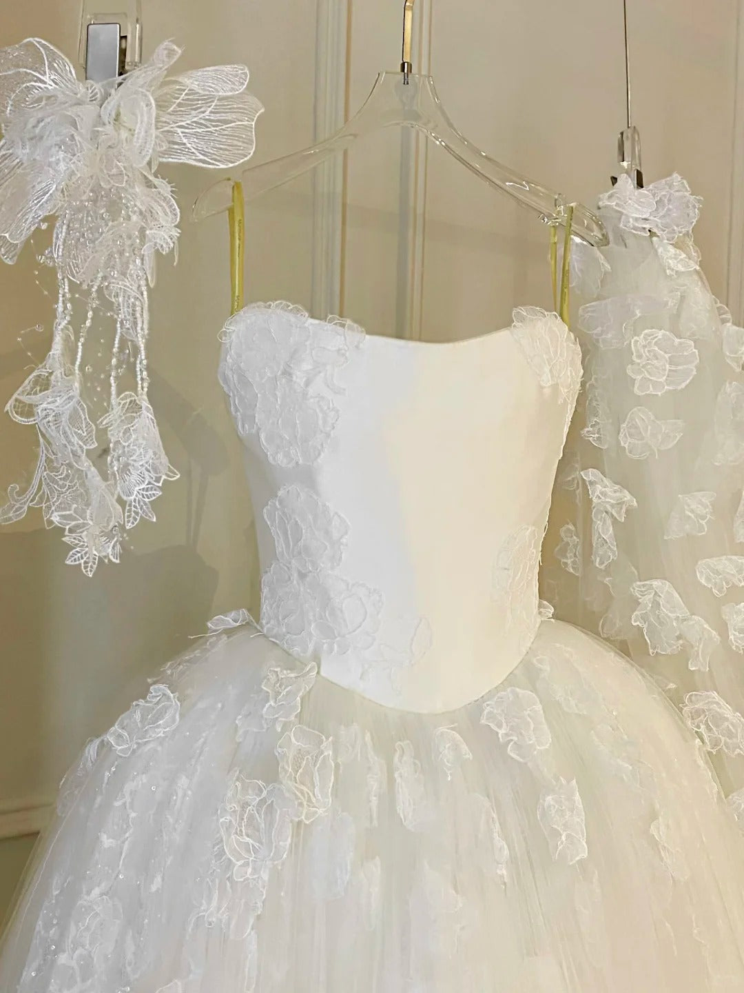 Girlhomeshops-White floral lace long elegant tulle wedding prom dress gh5436