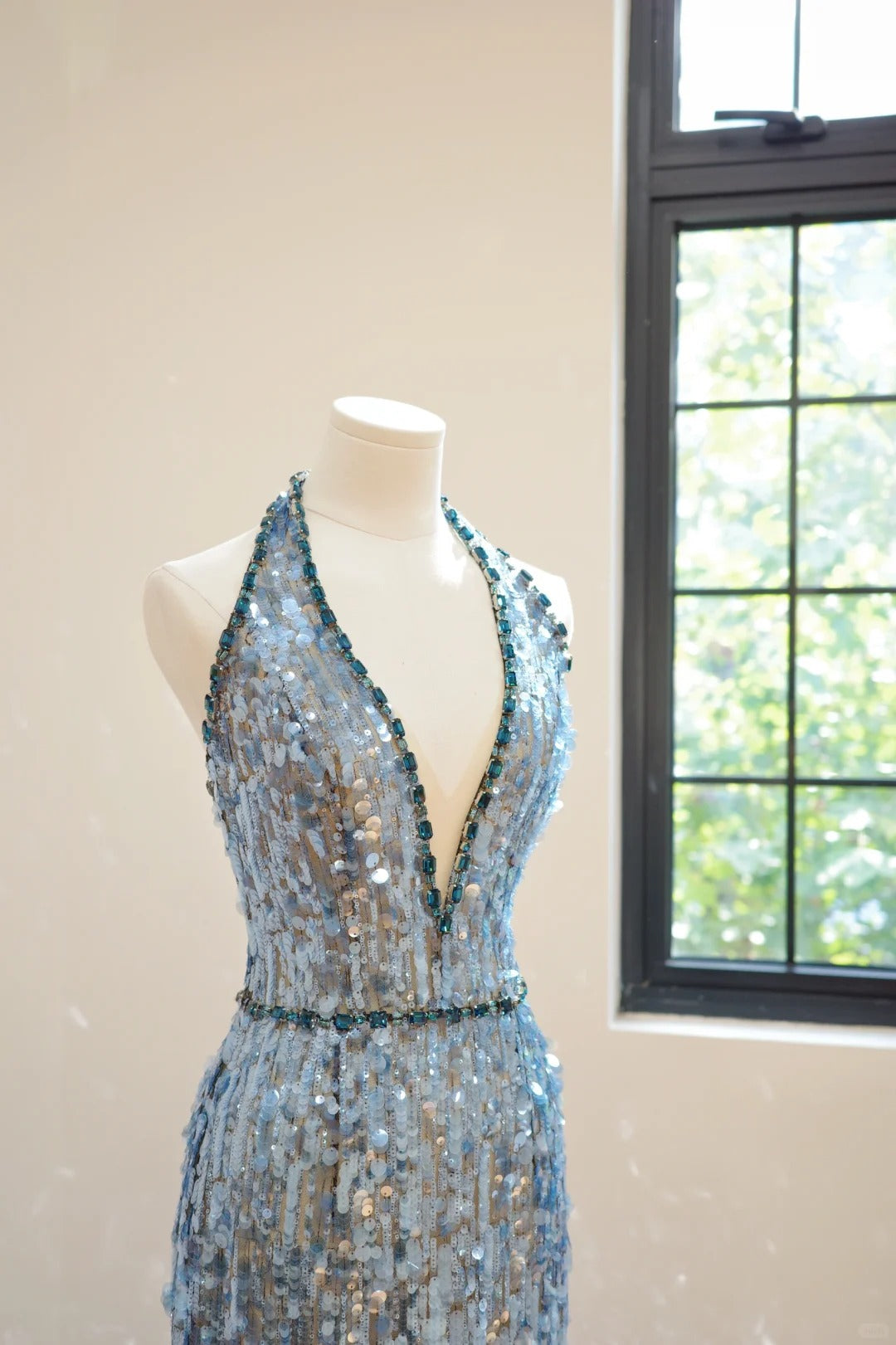 Girlhomeshops-Blue fashion V-neck long sequined Prom dress evening dress gh5069