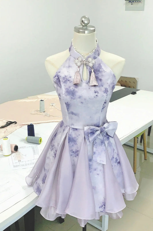 girlhomeshops--Purple gradient color new Chinese style pearl stand collar with button bow fairy dress oriental aesthetics gh5731