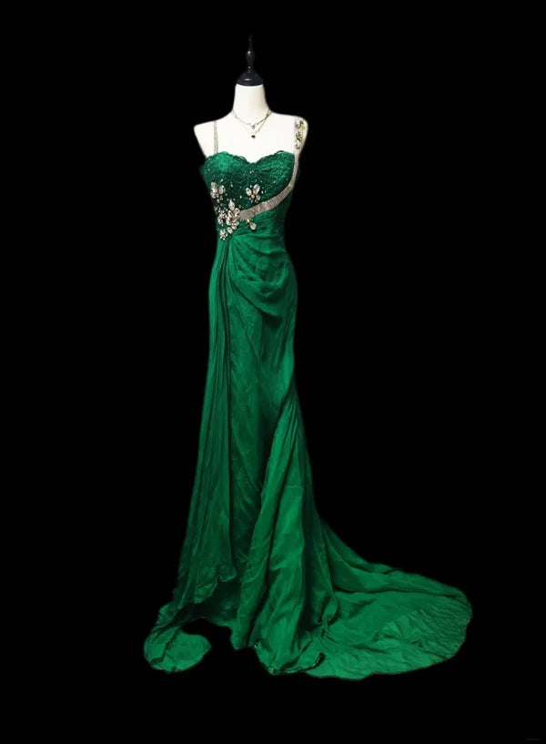 Green Vintage Fashion Elegant Exquisite Beaded Lace Long Satin Floor Length Trailing Ball Gown Evening Gown Party Dress gh3816
