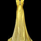 Yellow Fashion Elegant V-neck Exquisite Gem Long Mermaid Slim Fishtail Skirt Satin Floor Length Train Ball Gown Evening Gown Party Gown Prom Dress gh3820
