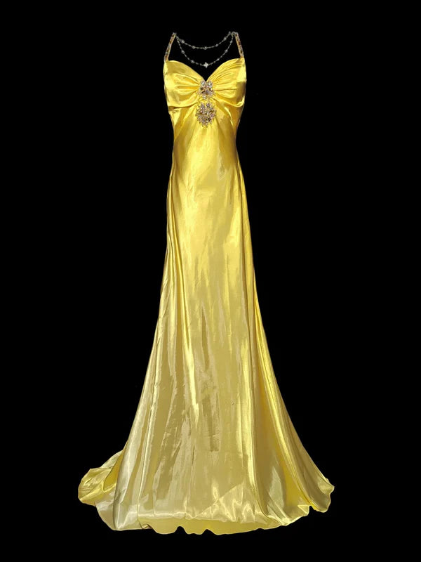 Yellow Fashion Elegant V-neck Exquisite Gem Long Mermaid Slim Fishtail Skirt Satin Floor Length Train Ball Gown Evening Gown Party Gown Prom Dress gh3820