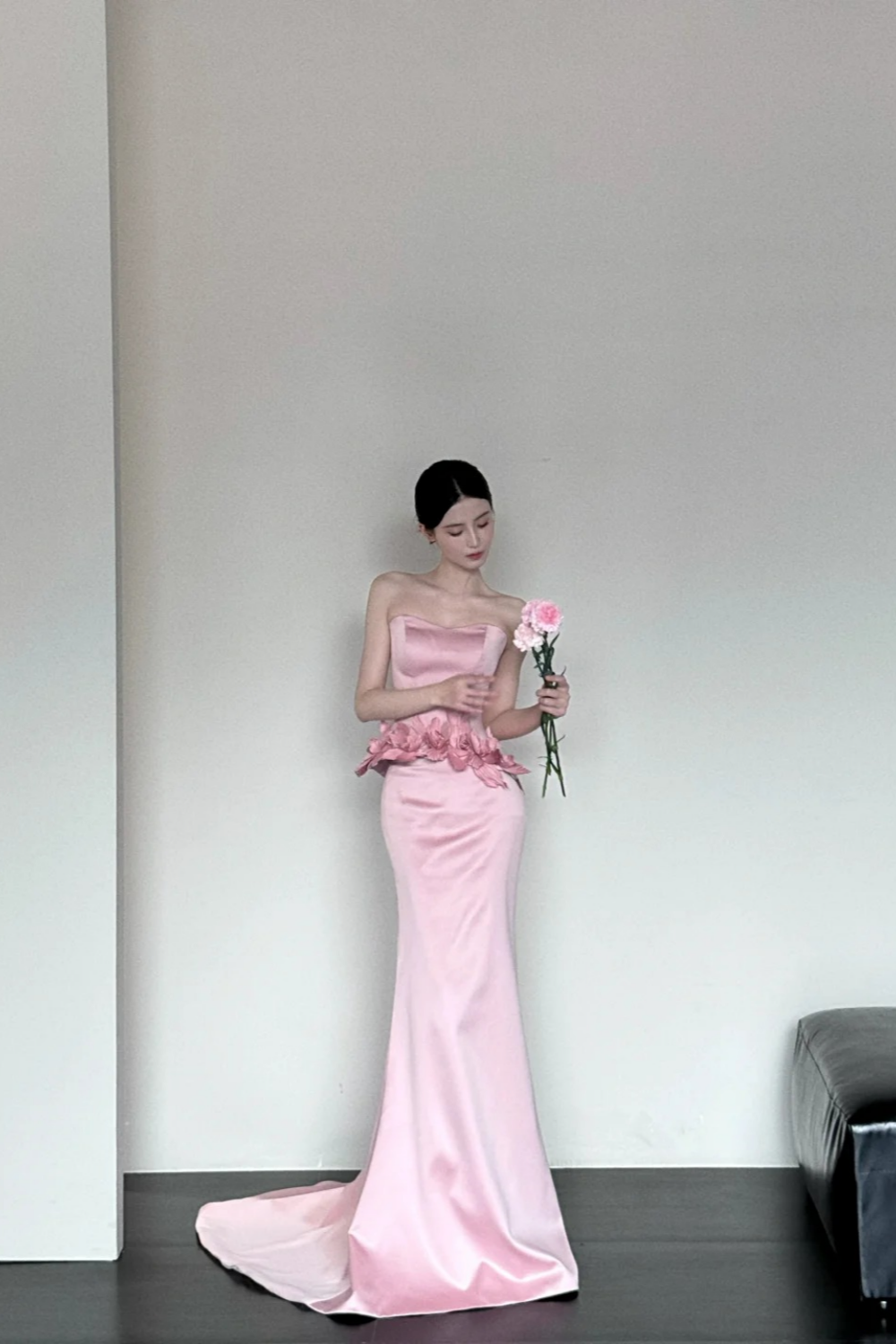 Pink Fashion Elegant Exquisite Floral Long Satin Corset Mermaid Slim Floor Length Train Ball Gown Evening Dress Party Dress Prom Dress gh3731