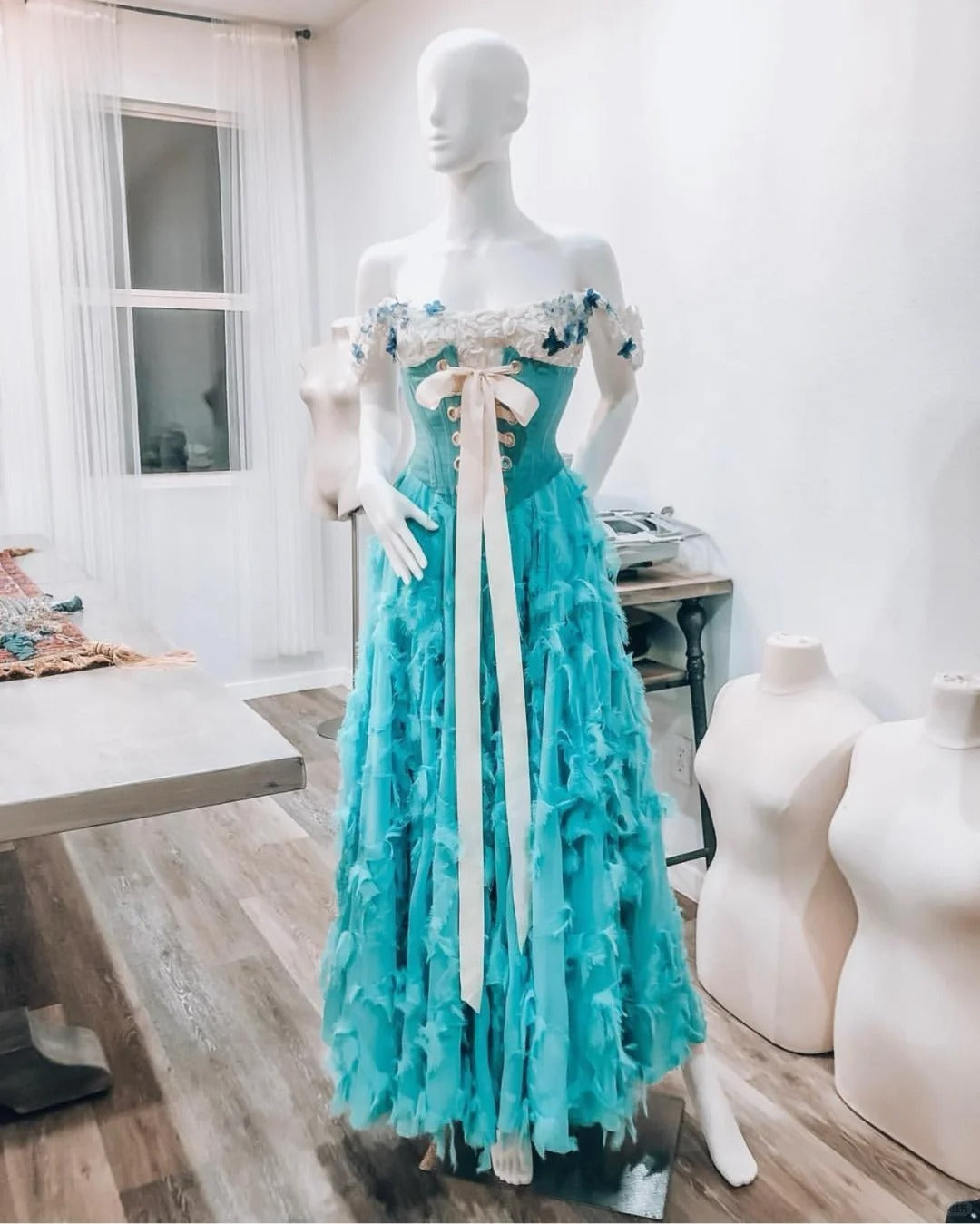 Girlhomeshops-Blue floral corset long retro elegant Prom dress evening dress gh5072