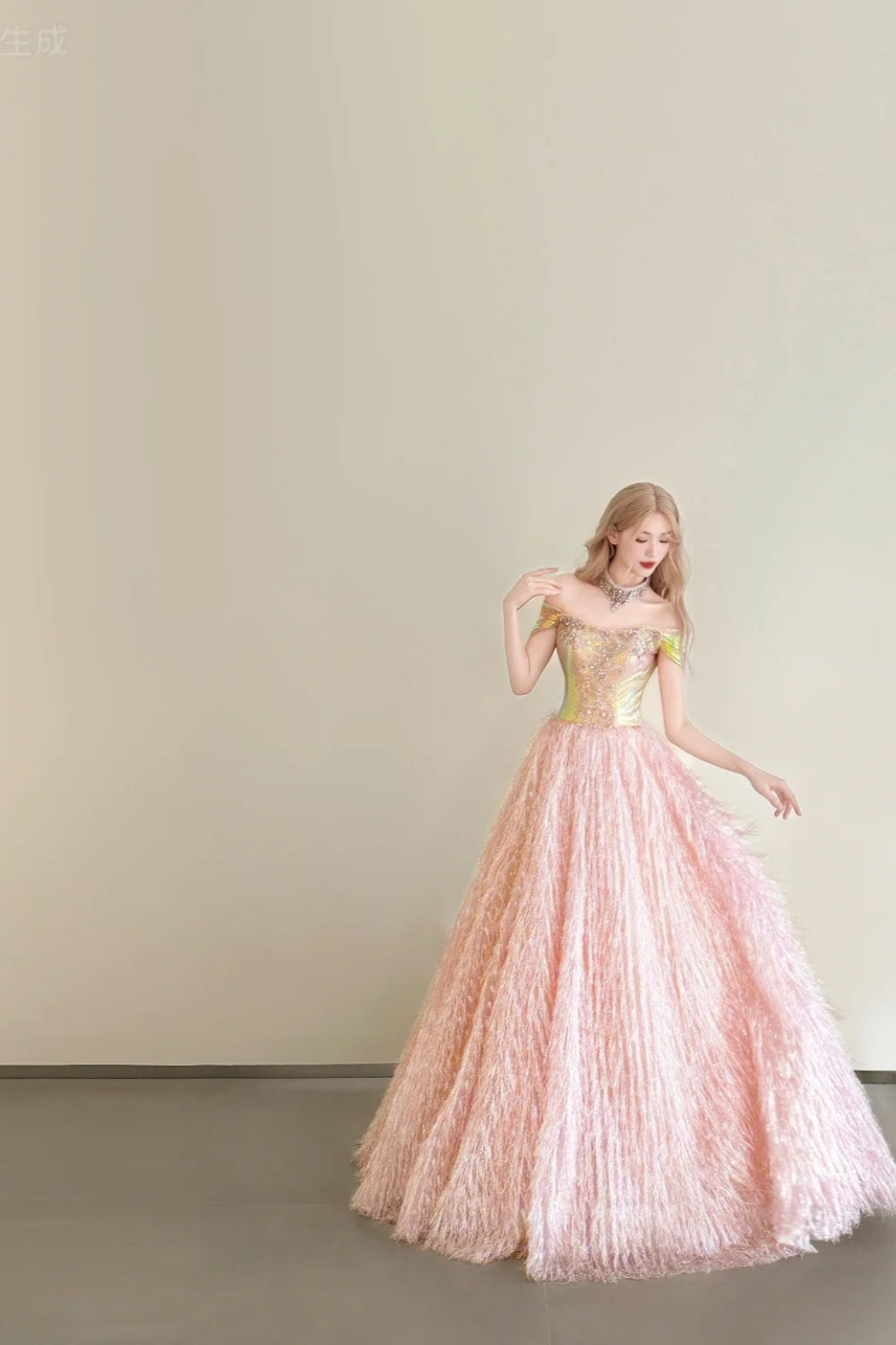 girlhomeshops-Vintage Pink-Gold Contrast Off-Shoulder Court Style Evening Gown gh6027