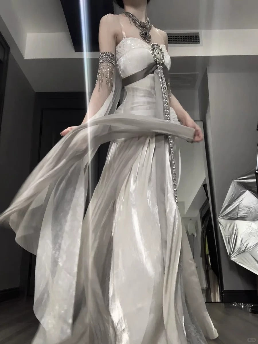 Robe de soirée longue en satin et tulle blanc et gris, robe de bal, robe de remise de diplôme, gh4492
