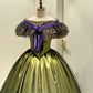 Olive Green Satin Off-the-shoulder Victorian Ball Gown: Satin Fabric, Velvet Floral Trim, Star-patterned Lace, Retro Ballgown Silhouette, Ball Formal Dress gh6734