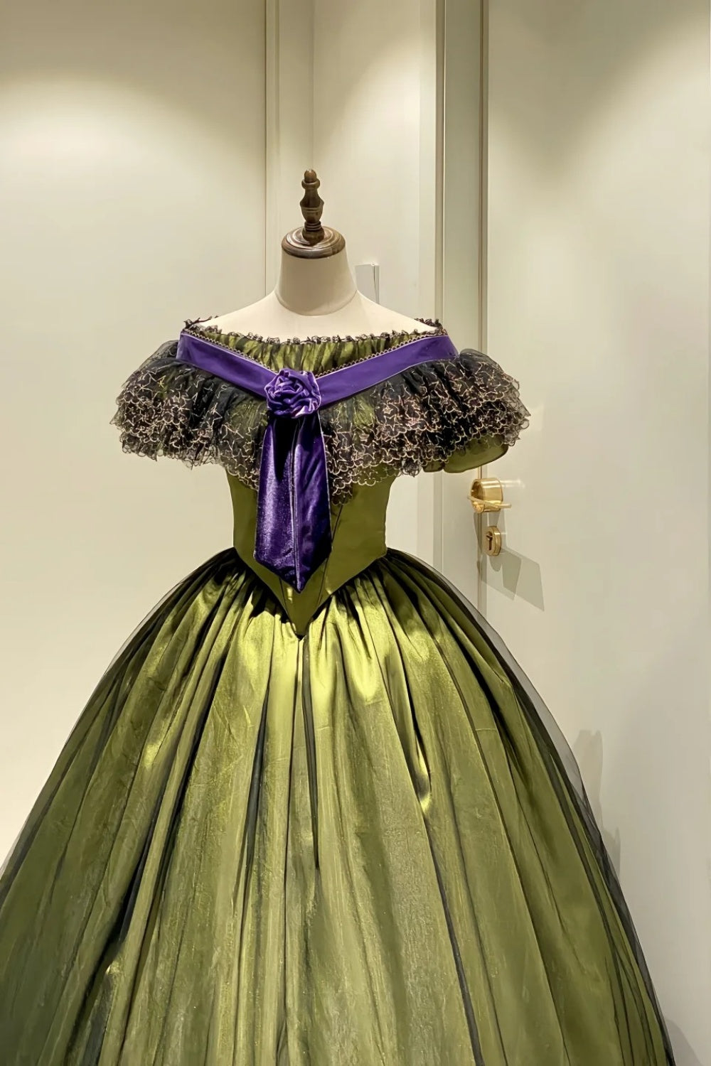 Olive Green Satin Off-the-shoulder Victorian Ball Gown: Satin Fabric, Velvet Floral Trim, Star-patterned Lace, Retro Ballgown Silhouette, Ball Formal Dress gh6734