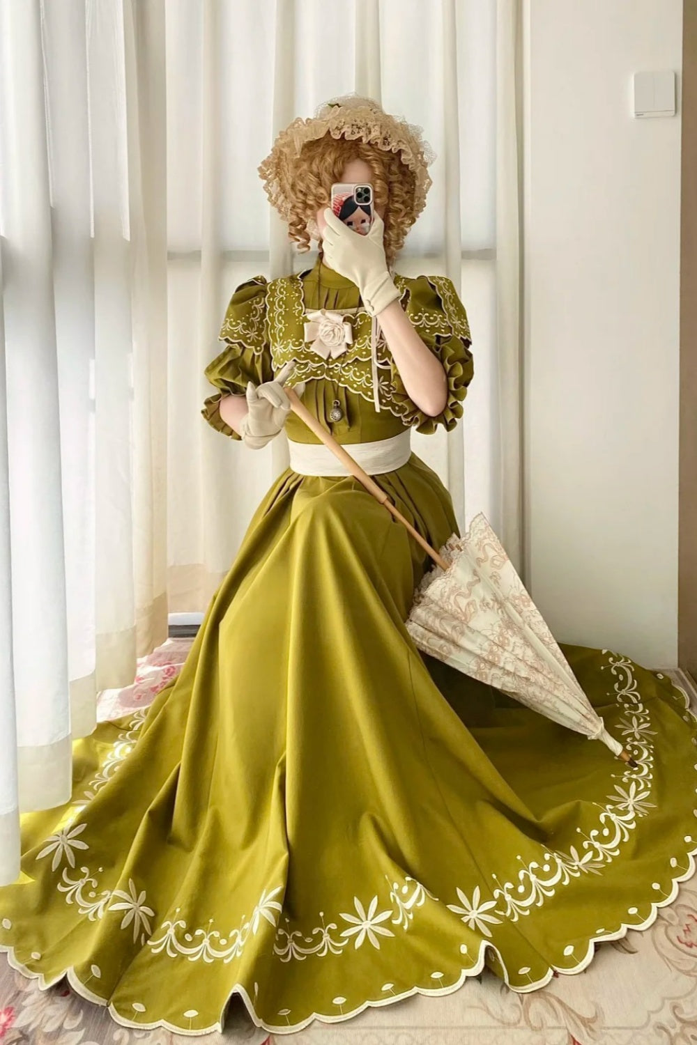 Olive Green Floor-length Gown Lace Victorian Tea Party·Retro Party Dress gh6737
