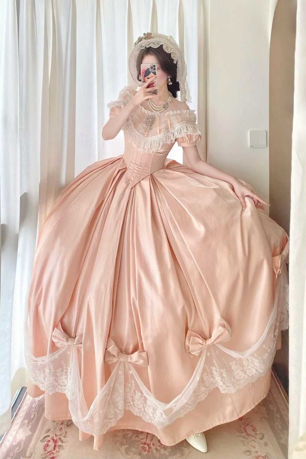 Peach Pink Satin Off-the-shoulder Lolita Victorian Ball Gown: Satin Fabric, Lace Bow Trim, Retro Ballgown Silhouette, Tea Party Formal Dress gh6735