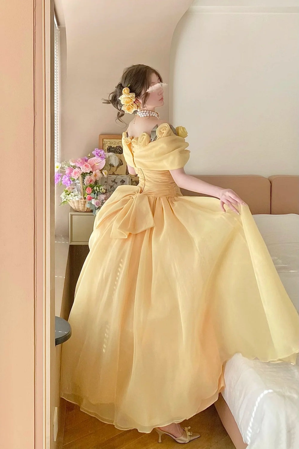 Cream Yellow Organza Off-the-shoulder Floor-length Ballgown 3D Rose Victorian Evening Dress gh6736