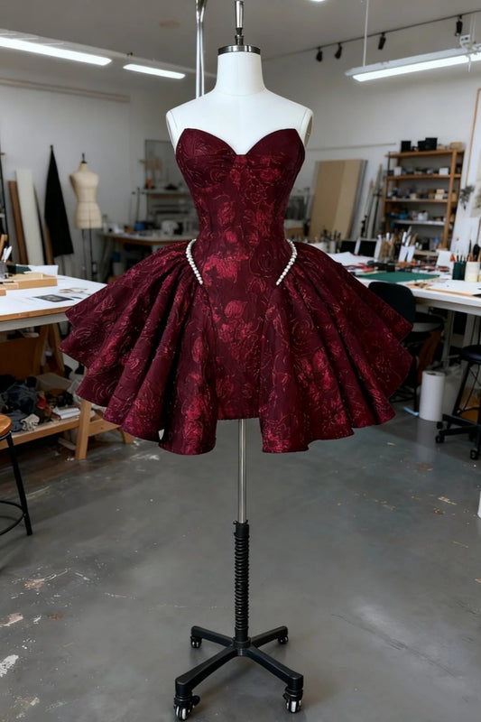 girlhomeshops-Burgundy Delicate Lace Short Back-To-School Dress, Hoco Dress, Birthday Dress gh6165