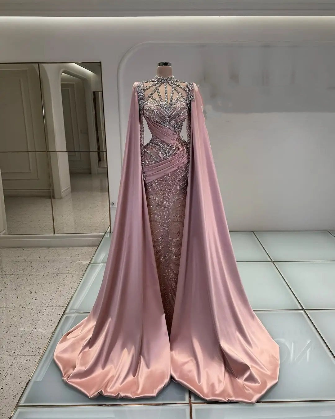 Girlhomeshops-Pink Luxury Gorgeous Beaded Rhinestone Long Satin Prom dress Evening Dress gh5017
