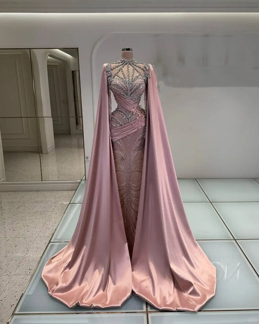 Girlhomeshops-Pink Luxury Gorgeous Beaded Rhinestone Long Satin Prom dress Evening Dress gh5017