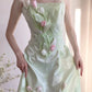 Girlhomeshops-🌷🌿Green tulip applique long satin floor-length Prom Dress evening dress gh5240