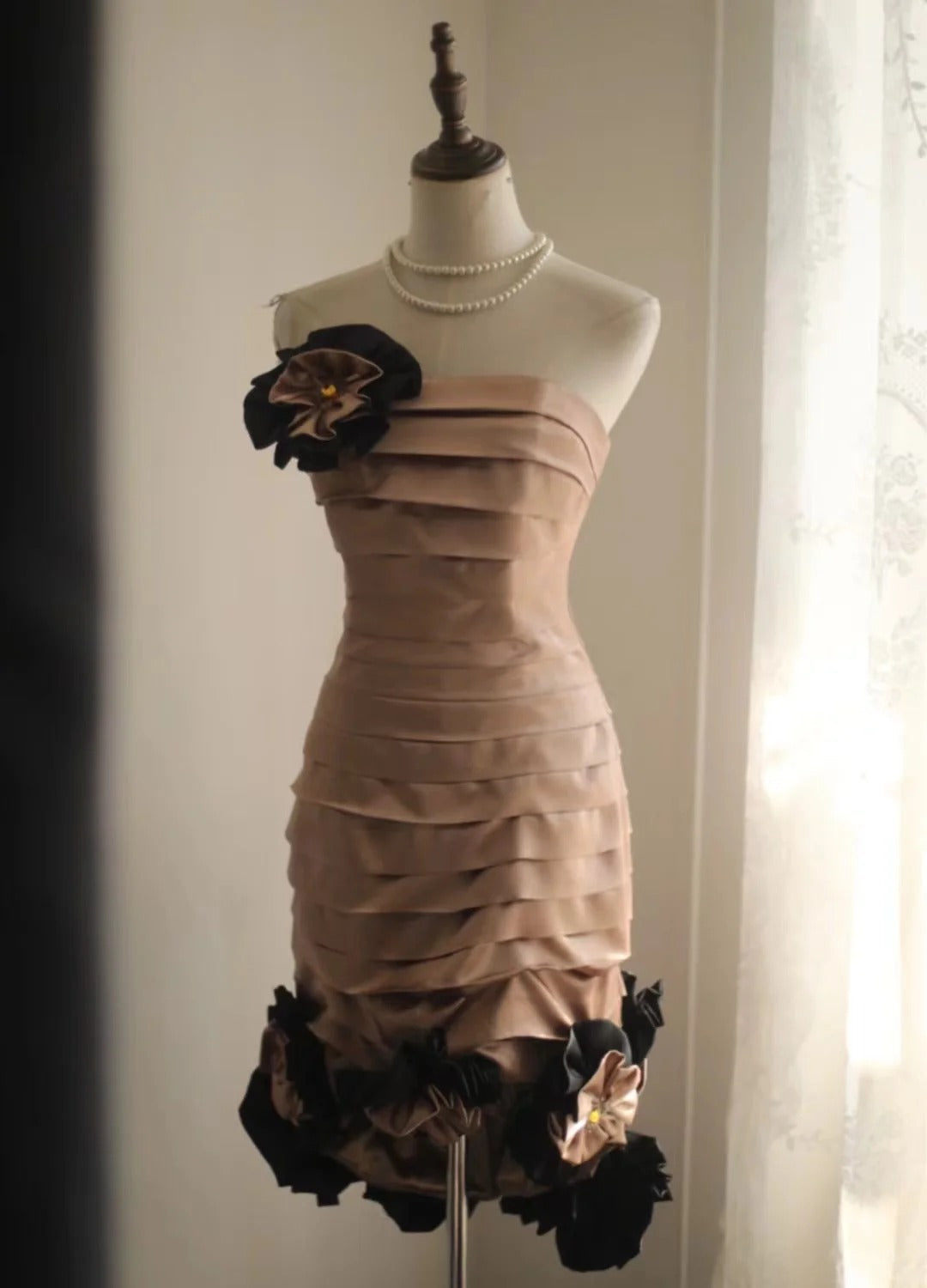 Tea Color Fashion Floral Short Front and Back Length Short Satin Homecoming Dress Fashion Birthday Party Dress Evening Dress gh4816