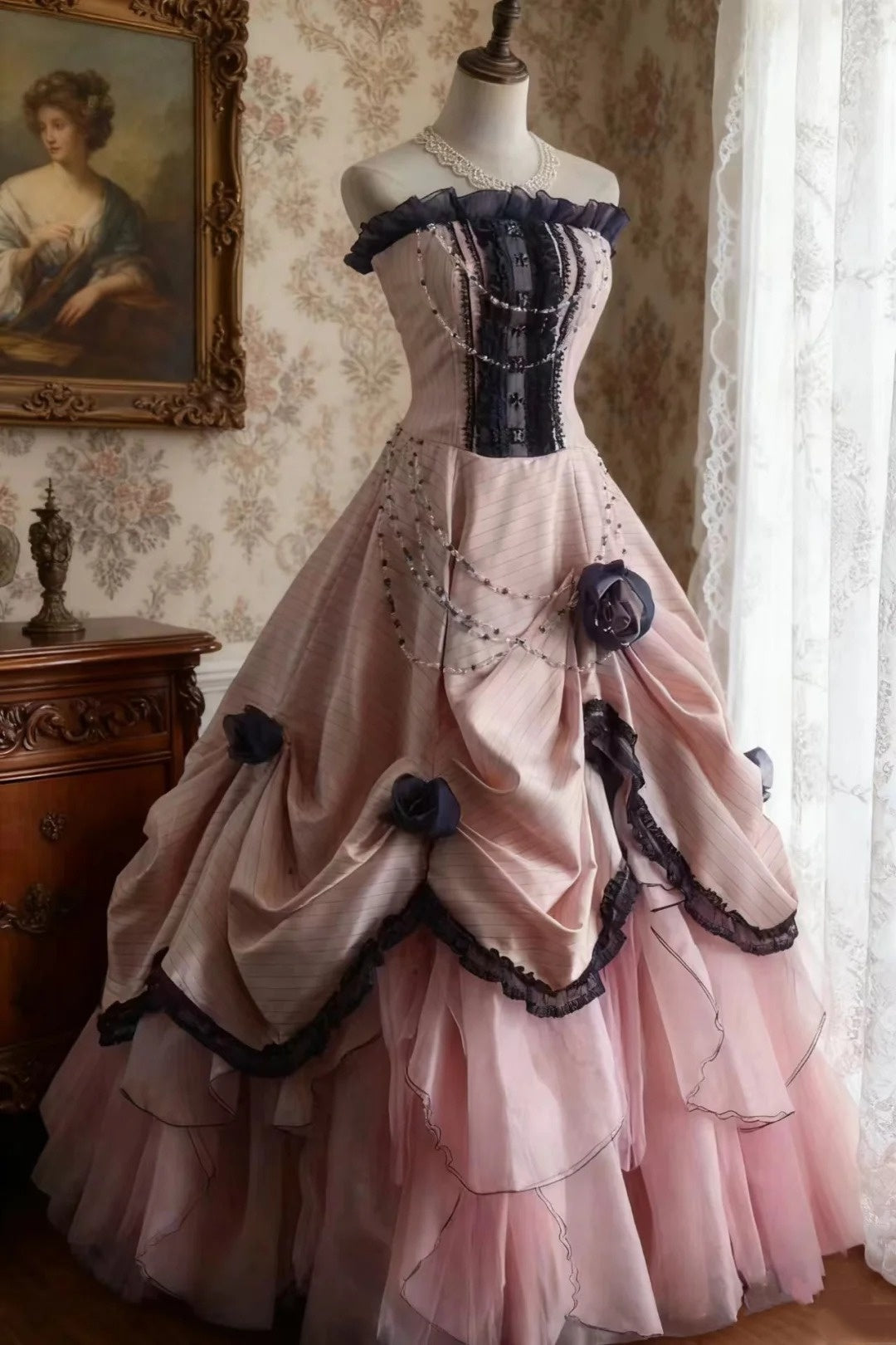 girlhomeshops-Sleeveless Pink - Blue Contrast Lace - decorated Puff dress, Retro Court - style Satin Floor - length Evening Dress gh5830